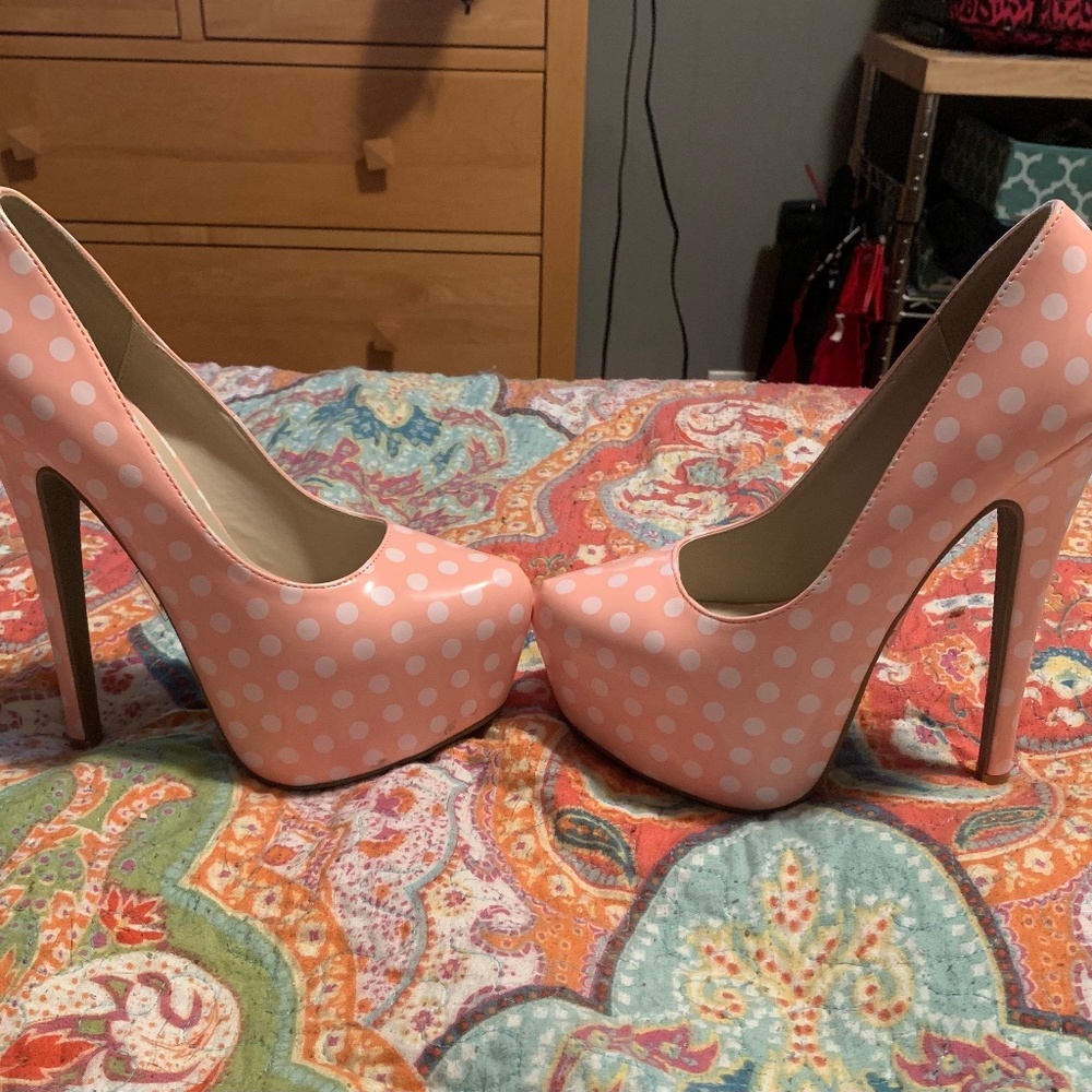 Baby pink and white polka dot platform stilettos